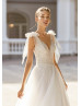 V Neck Ivory Lace Tulle Bohemian Wedding Dress